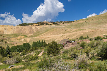 Old mining buildings in Cripple Creek Mining District in Victor, Colorado