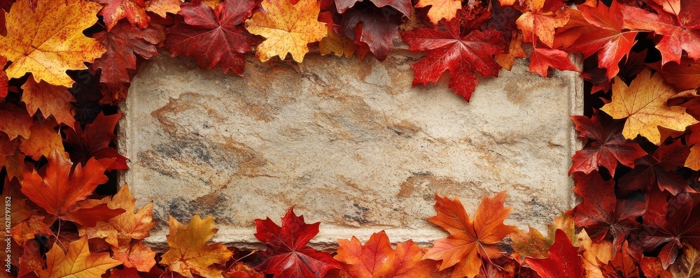 Poster autumn leaves in bold red and orange creating a vibrant and colorful border around a rustic stone sl