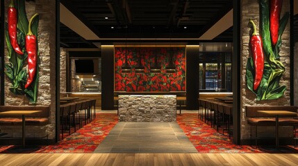 Modern restaurant interior with vibrant Texas chili pepper motif in bold red accents and stone surroundings