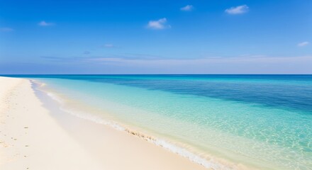 Obraz premium Seaside Serenity: Capture the essence of tranquility, showcasing the pristine sands of a beach meeting the crystal-clear turquoise waters of the ocean under a vibrant blue sky.