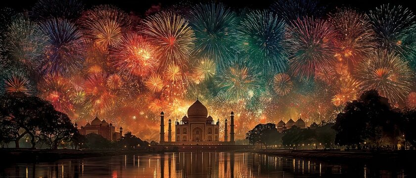 Magnificent fireworks display over iconic Taj Mahal, tricolor bursts illuminating marble dome, night sky celebration, romantic patriotic scene
