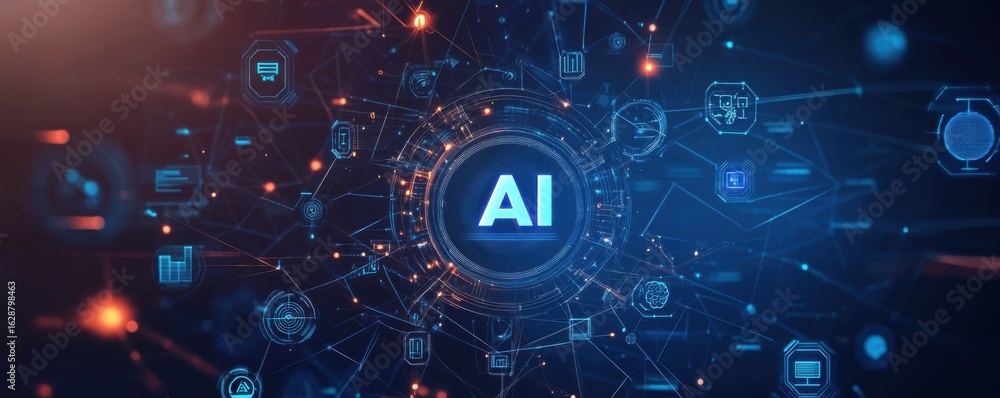 Poster futuristic digital representation of artificial intelligence technology surrounded by various icons 