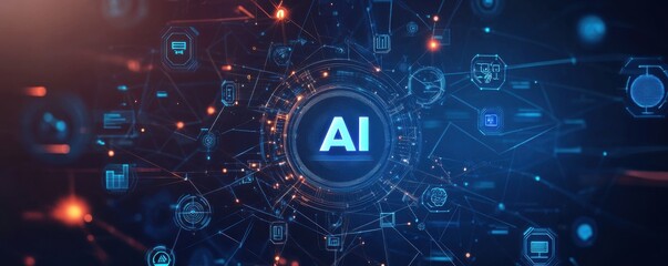 Futuristic digital representation of artificial intelligence technology surrounded by various icons symbolizing innovative concepts and connectivity.