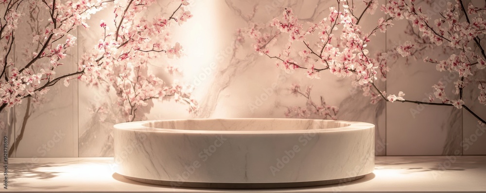 Poster elegant chinese plum blossom pattern with serene marble basin creating a tranquil and artistic atmos