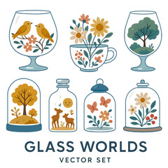 Glass worlds vector set, colorful illustrations, decorative elements, nature-inspired designs, copy space
