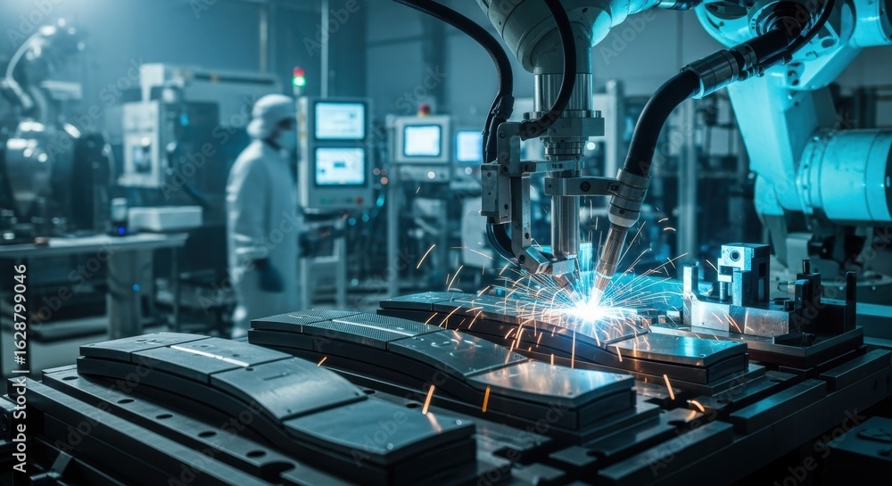 Poster hightech environment showing robotic welding of segmented plasma armor tiles critical to divertor pe