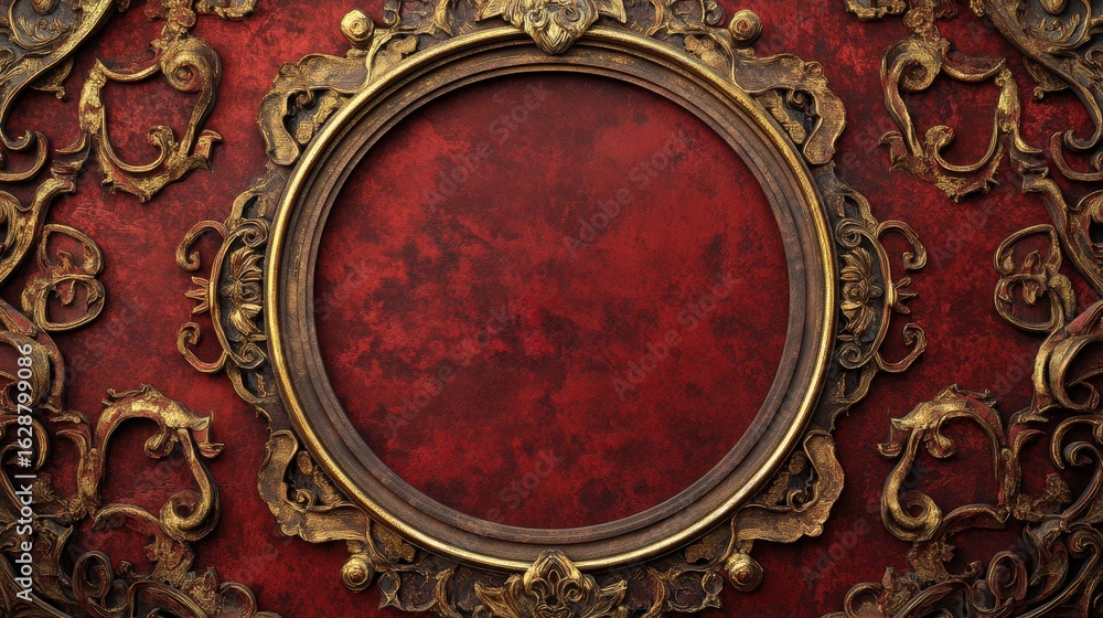 Poster intricate chinese lattice pattern with circular ornate frame on deep red background with gold detail