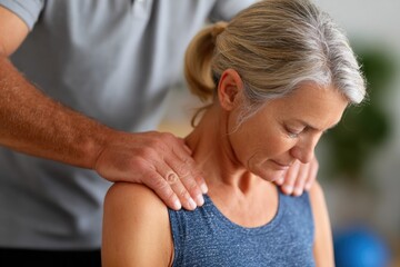 Fototapeta premium Senior woman receiving shoulder therapy