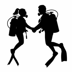 Diving Couple Silhouette Holding Hands Underwater