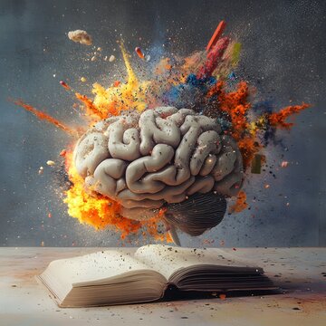 Concept art of a human brain exploding with knowledge on a book