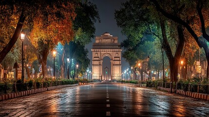 Night view of India Gate in New Delhi with Indian flag waving
