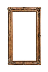 An ornate, empty frame showcases an antique design with detailed carvings, perfect for displaying art or photos, embodying a classic, elegant aesthetic.