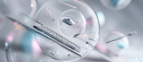 Wireless keyboard, mouse floating inside transparent bubbles, symbolizing digital connectivity with technological icons against soft-focus background