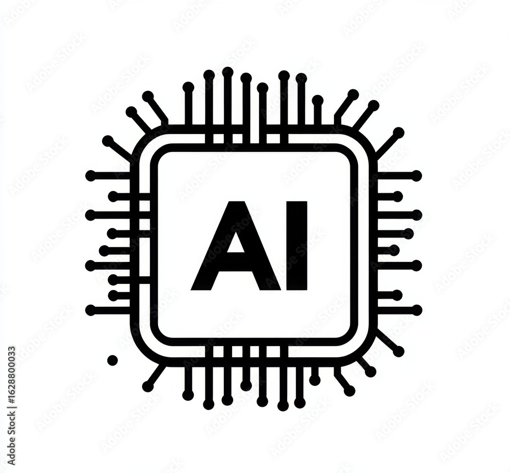Poster logo of ai chip illustrating artificial intelligence technology with circuit design on a white backg
