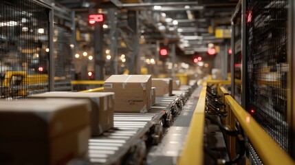 Obraz premium The journey of packages along a conveyor belt in a bustling distribution on transparent background