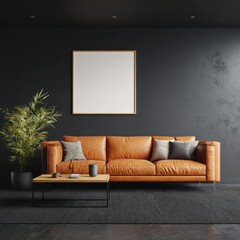 Dark room features a brown leather sectional sofa, a light wood coffee table, a potted plant, and a large framed blank canvas on a dark wall