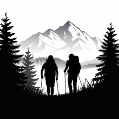Hikers Silhouette in Mountain Landscape, Adventure Nature