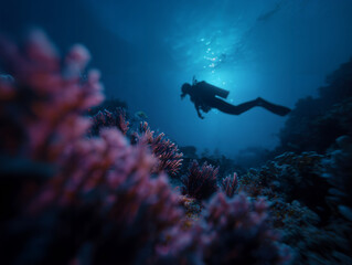 Scuba Diver Swimming in Coral Reef
