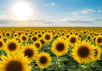 Obraz premium Endless field of bright yellow sunflowers stretching to horizon under blue sky with white clouds and bright sun creating perfect summer agricultural landscape scene.