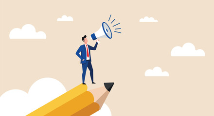 Obraz premium Business Leadership and Communication Concept with Person on Pencil Holding Megaphone