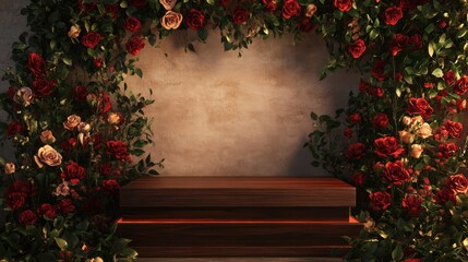 Warm wooden backdrop adorned with vibrant Spanish floral motif of roses and greenery