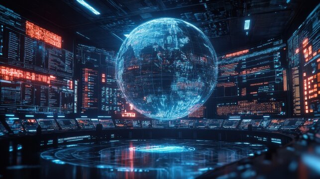 3D globe map of city cyber threats in control command center