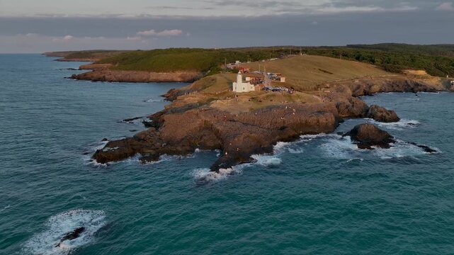 Inceburun Lighthouse in Sinop. Turkey. Inceburun is the northernmost point of the Turkey. Aerial shooting with drone.