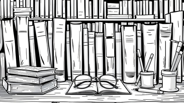Illustration of a library scene with books, bookmarks, glasses, and writing implements in black and white
