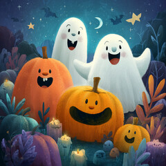 Cartoon-style Halloween night with happy ghosts and smiling pumpkins, for kids book illustration, bright and colorful 