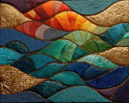 Panel of colorful mosaic tiles in wavy pattern, festive decoration background
