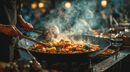 Fototapeta premium A chef quickly stir-frying seafood and vegetables in a wok at a lively street food event