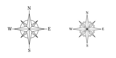 Set of two compass rose drawing in black line art on transparent background  