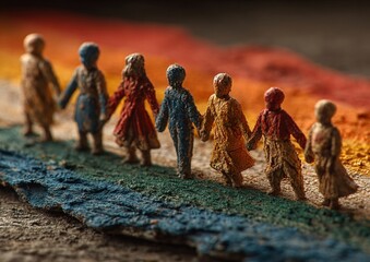 People of different cultures and religions holding hands beneath a giant Indian flag, symbolizing unity in diversity