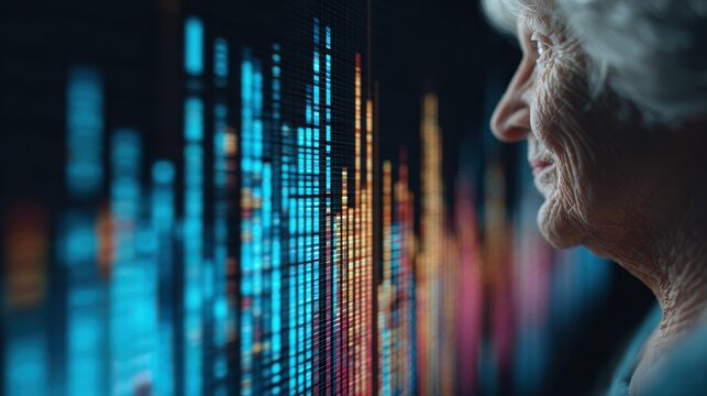 Focused medium shot of digital bar charts illustrating womens longer life expectancy compared to men fading out surrounding data to highlight disparity in lifespan.