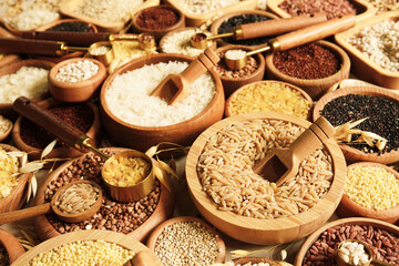 Colorful mix of grain varieties: oat and wheat, rice and millet, buckwheat and barley, quinoa and...