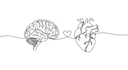 Brain and heart connected in black line art on transparent background  