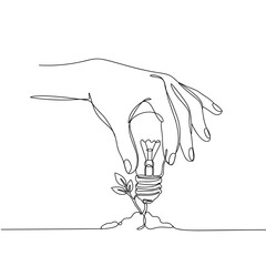 Hand planting lightbulb seedling into soil in black line art  
