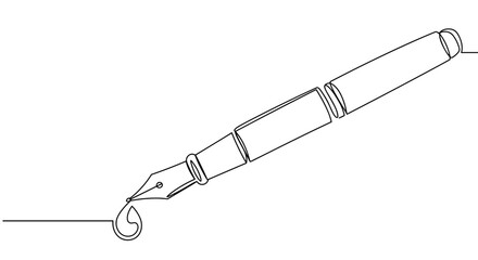 Fountain pen with stilized drop of ink in black line art on transparent background  