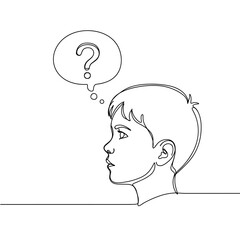 Pensive boy in profile with question mark in thought bubble,  black line art on transparent background  