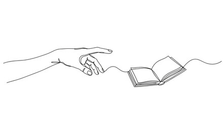 Hand reaching for floating book in minimal black line art style  