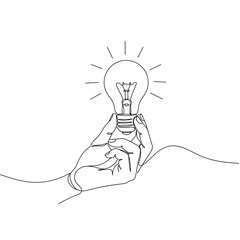 Hand holding glowing lightbulb in black line art on transparent background  