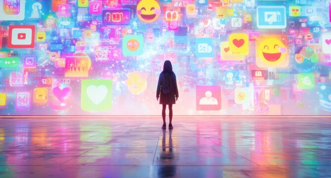 A woman stands in front of an immersive digital wall, displaying various social media profile pictures and emojis Generative AI - Powered by Adobe