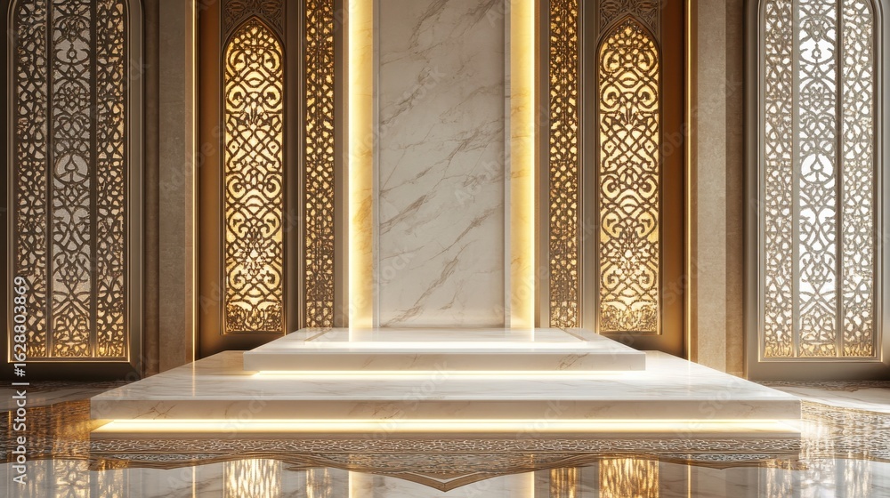 Poster intricate arabesque pattern in ornate architectural setting with arches and pillars, bathed in soft 