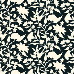 Seamless pattern with boho black and white hand drawn chinoiserie flowers and leaves. Floral wallpaper with monochrome orintal folk style ornament