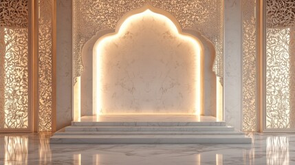 Luxurious marble interior with intricate arabesque patterns and ornate golden accents illuminated by soft sunlight
