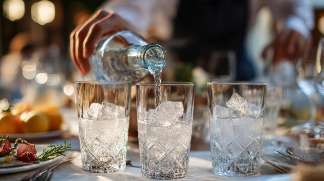 A waiter pours chilled water with ice into glasses on a dining table