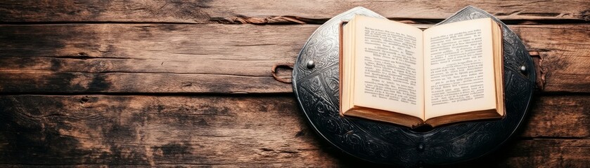Fototapeta premium Open Book Shield on Wood, History, Antique