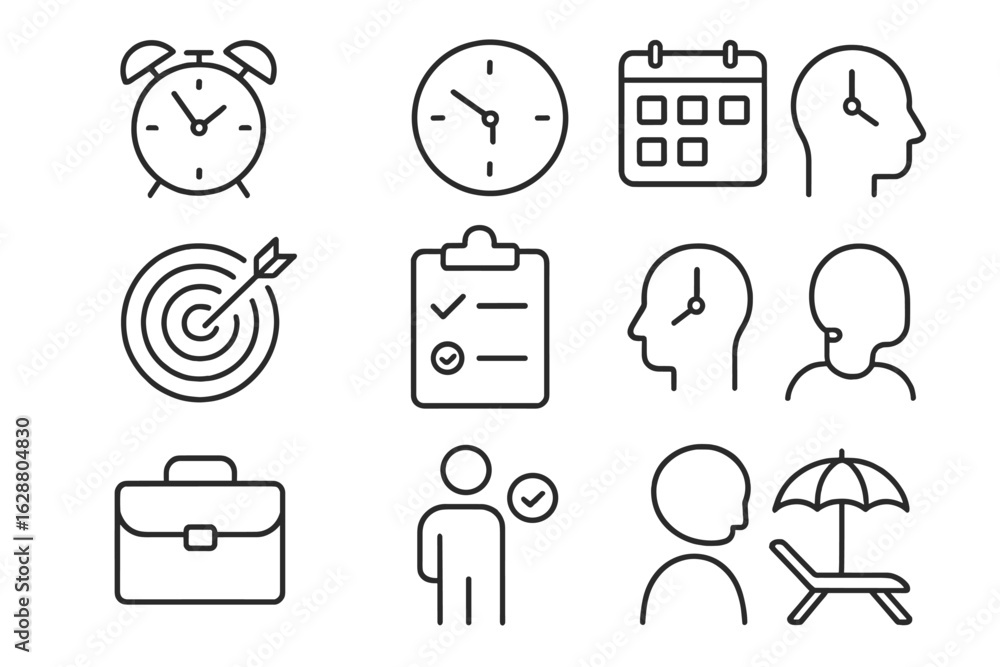 Poster conceptual representations of time management, scheduling, and productivity symbols in a minimalist 