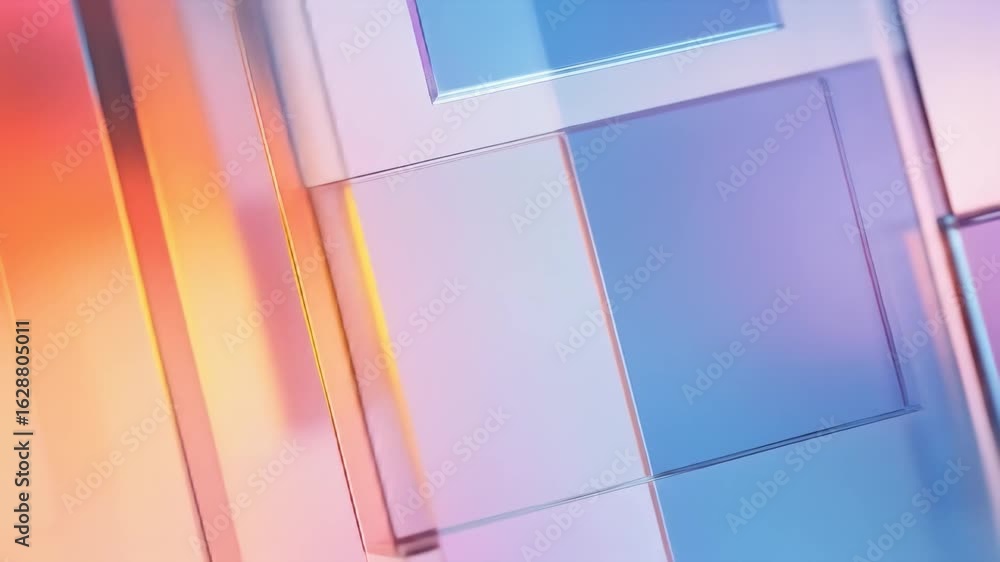 Poster looped animation, pastel-colored glass panels rotating softly, generating luminous reflections and d