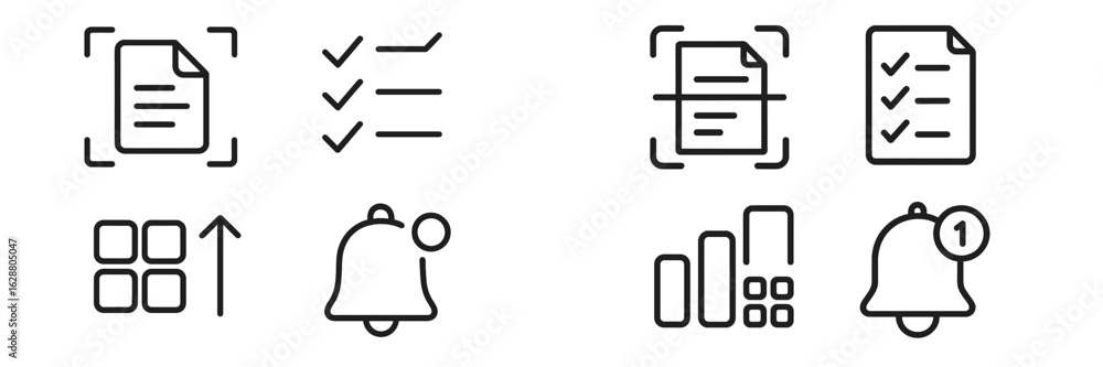 Poster collection of simple icons representing organization, notification, and task management concepts